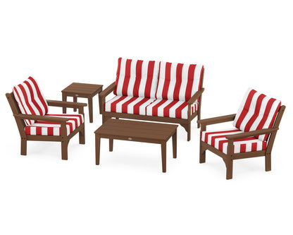 POLYWOOD® Vineyard 5-Piece Deep Seating Set in Teak / Cabana Stripe Crimson