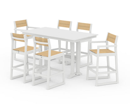 POLYWOOD® EDGE Sling 7-Piece Farmhouse Bar Set with Trestle Legs in White / Dupioni Apricot Sling