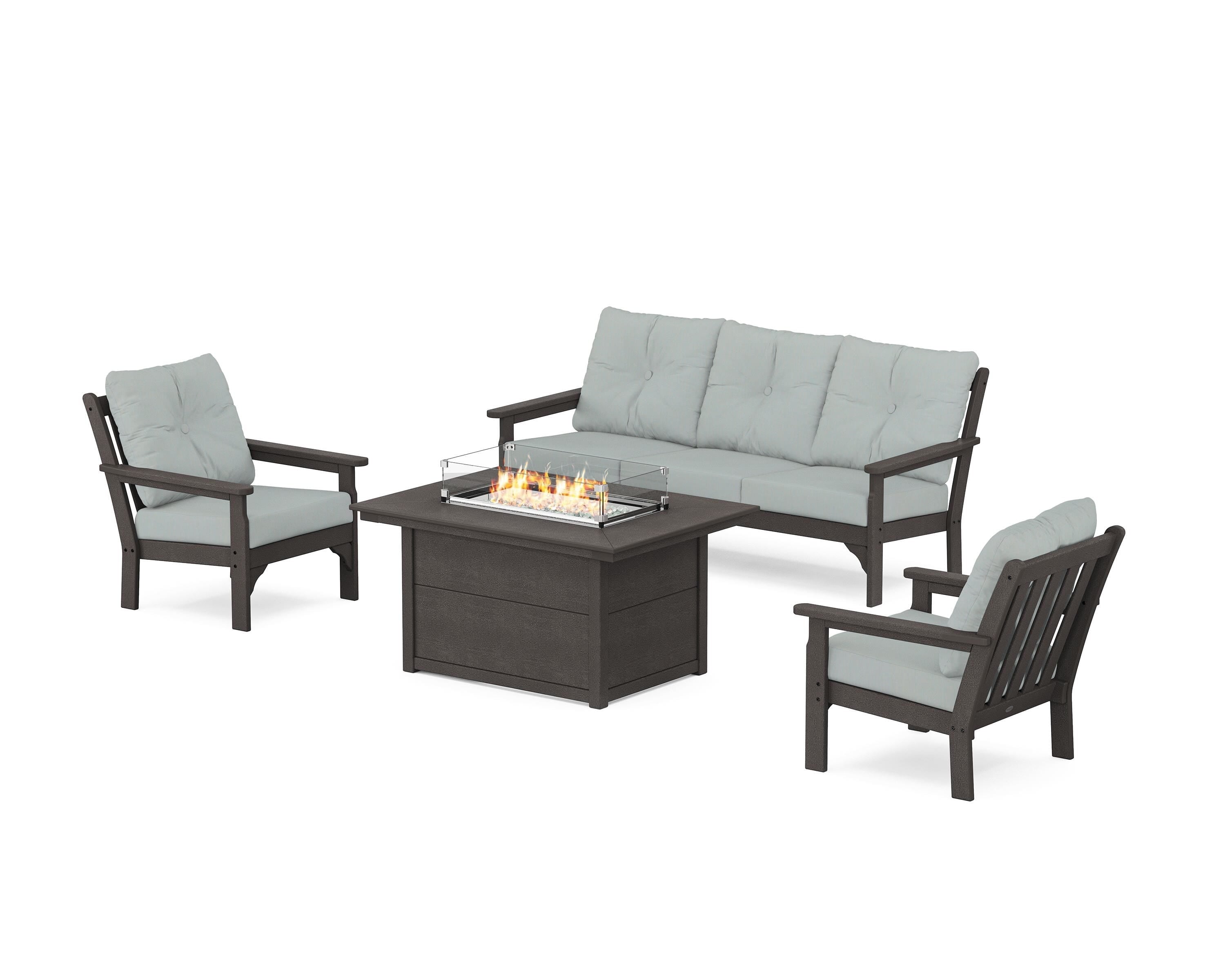 POLYWOOD® Vineyard Deep Seating Fire Pit Table Set in Vintage Coffee / Spa