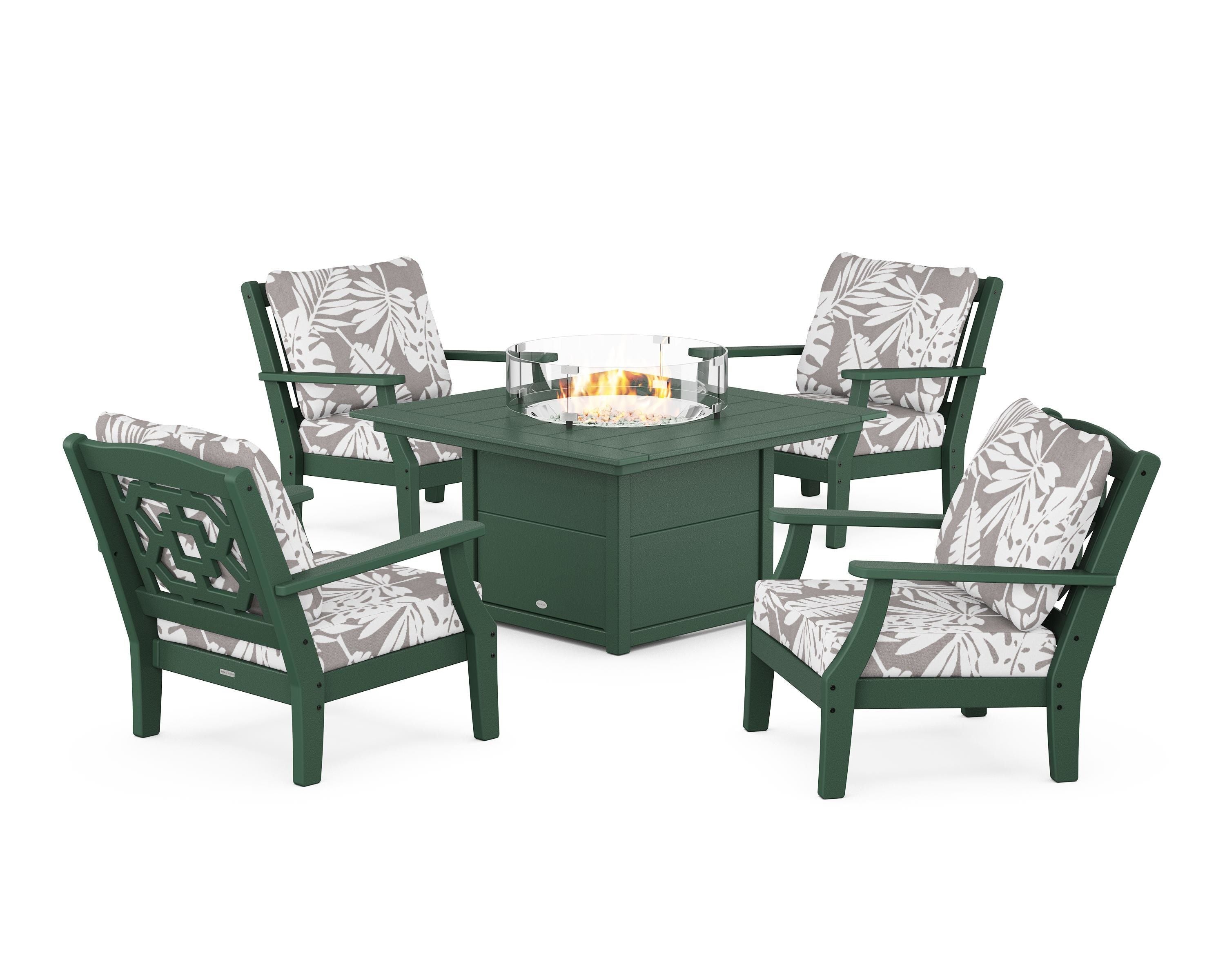 Martha Stewart by POLYWOOD® Chinoiserie 5-Piece Deep Seating Set with Fire Pit Table in Green / Leaf Grey Mist