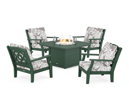 Martha Stewart by POLYWOOD® Chinoiserie 5-Piece Deep Seating Set with Fire Pit Table in Green / Leaf Grey Mist