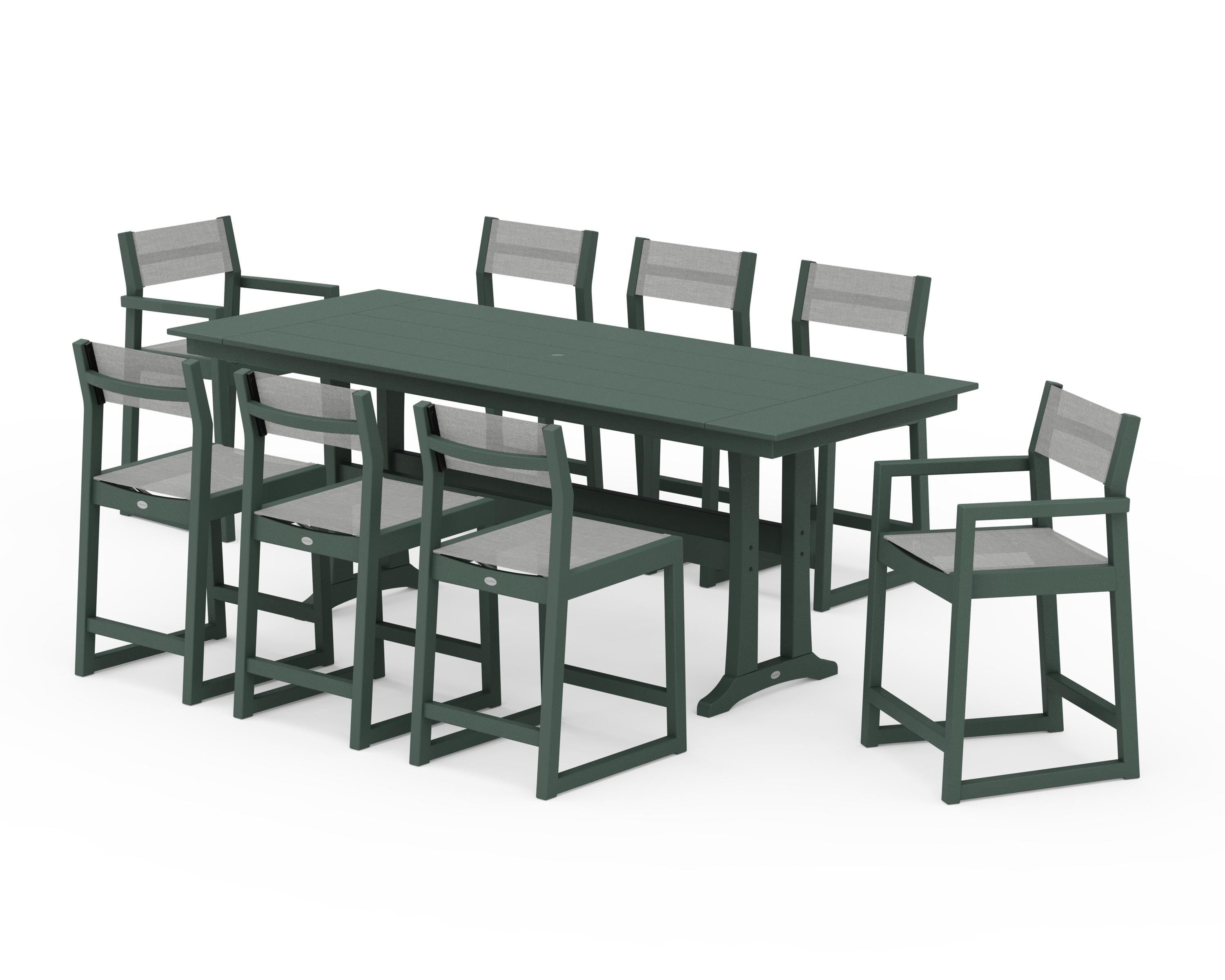 POLYWOOD® EDGE Sling 9-Piece Farmhouse Counter Set with Trestle Legs in Green / Metallic Sling