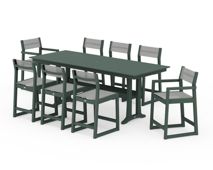 POLYWOOD® EDGE Sling 9-Piece Farmhouse Counter Set with Trestle Legs in Green / Metallic Sling
