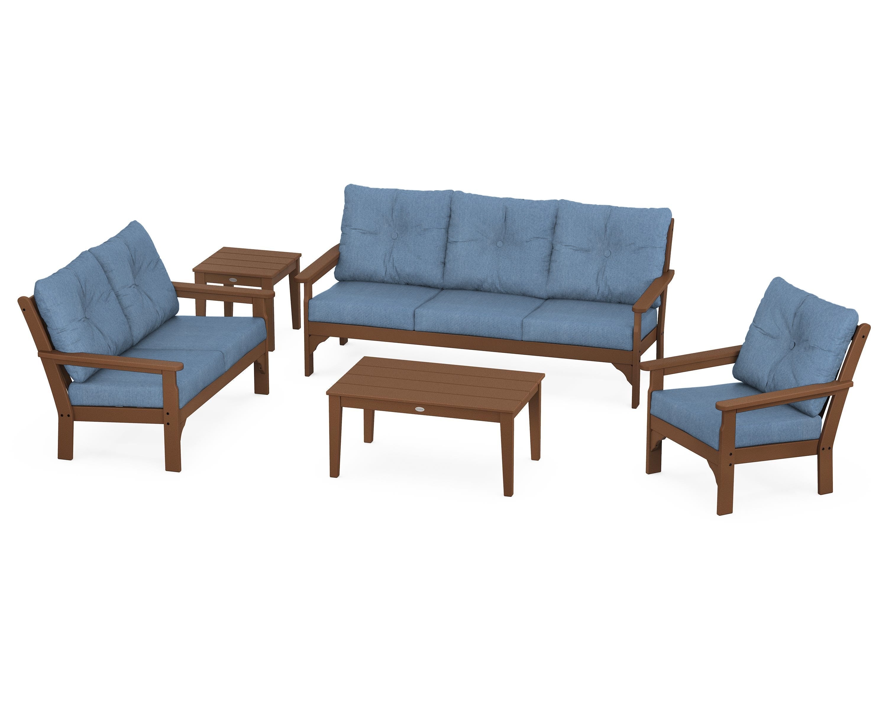 POLYWOOD® Vineyard 5 Piece Deep Seating Set in Teak / Sky Blue