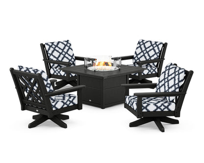 POLYWOOD® Chippendale 5-Piece Deep Seating Swivel Conversation Set with Fire Pit Table in Black / Trellis Marine Indigo