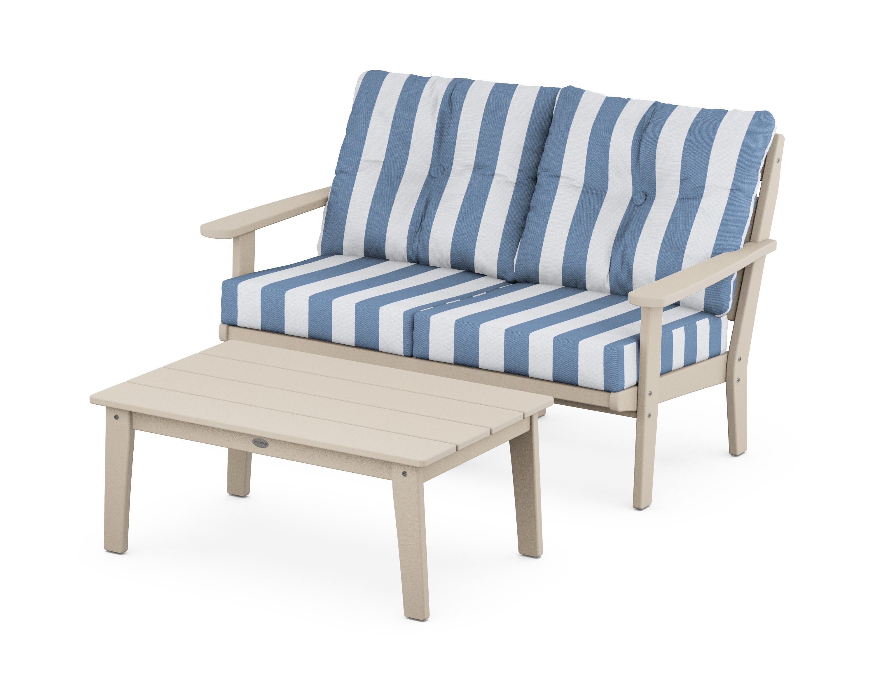 POLYWOOD® Lakeside 2-Piece Lounge Loveseat Set in Sand / Cabana Stripe Sky Blue