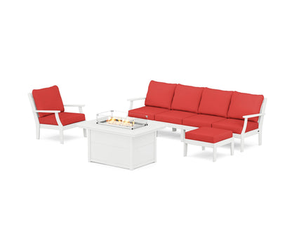 POLYWOOD® Braxton Sectional Lounge and Fire Pit Set in White / Crimson Linen