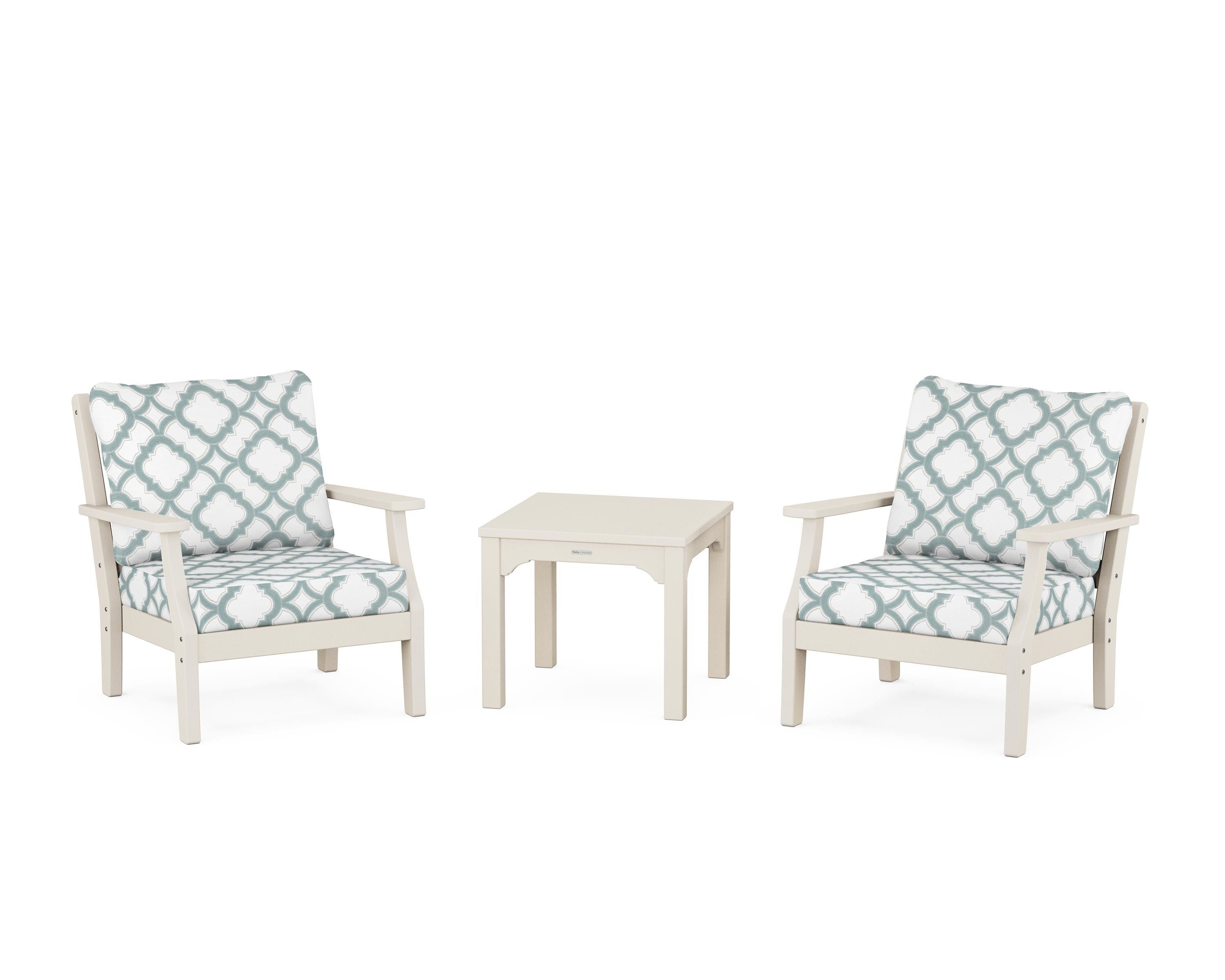 Martha Stewart by POLYWOOD® Chinoiserie 3-Piece Deep Seating Set in Sand / Trellis Glacier Spa