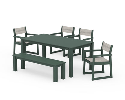 POLYWOOD® EDGE Sling Arm Chair 6-Piece Parsons Dining Set with Bench in Green / Birch Sling