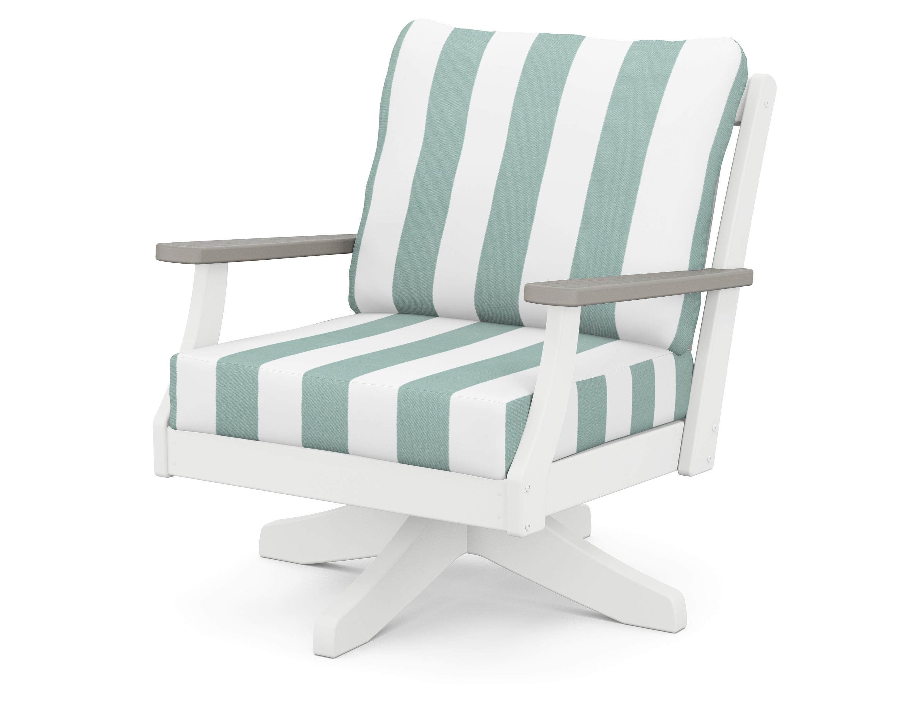 POLYWOOD® Braxton Deep Seating Swivel Chair in White / Driftwood / Cabana Stripe Glacier Spa