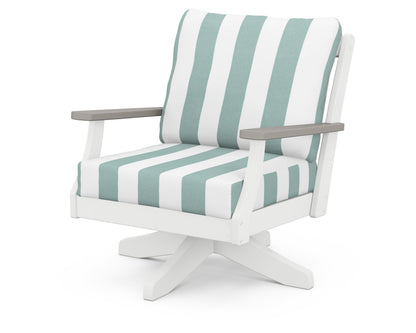 POLYWOOD® Braxton Deep Seating Swivel Chair in White / Driftwood / Cabana Stripe Glacier Spa