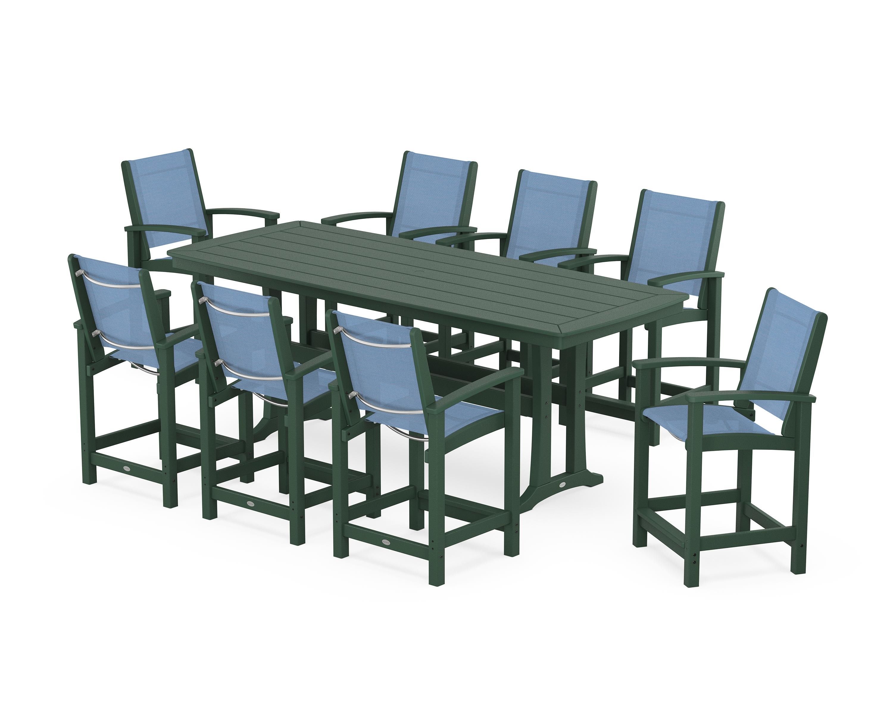 POLYWOOD® Coastal 9-Piece Counter Set with Trestle Legs in Green / Poolside Sling