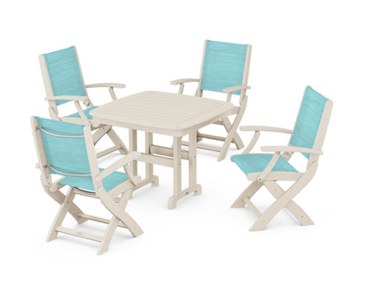 POLYWOOD® Coastal Folding Chair 5-Piece Dining Set in Sand / Dupioni Aquamarine Sling