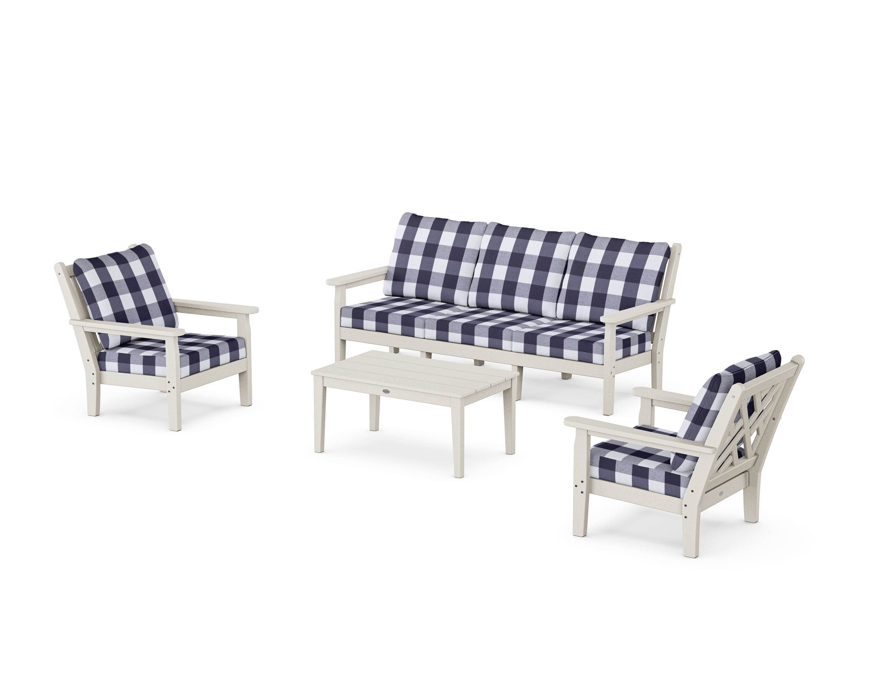 POLYWOOD® Chippendale 4-Piece Deep Seating Set with Sofa in Sand / Buffalo Plaid Navy