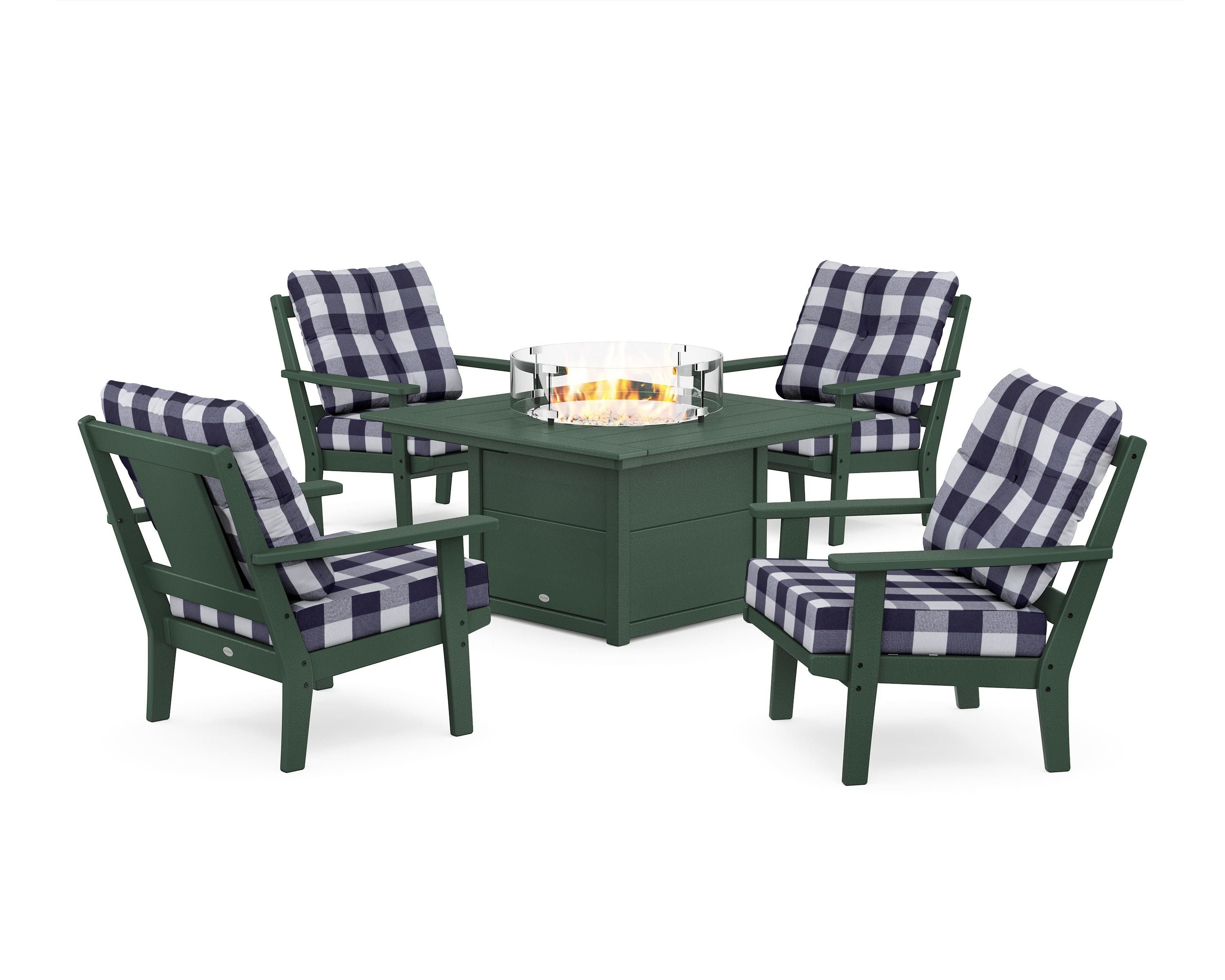 POLYWOOD® Prairie 5-Piece Deep Seating Set with Fire Pit Table in Green / Buffalo Plaid Navy