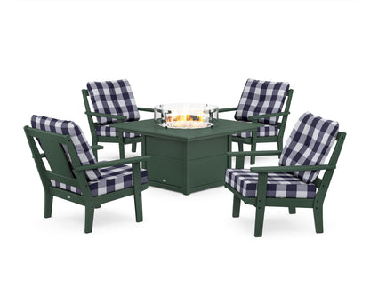 POLYWOOD® Prairie 5-Piece Deep Seating Set with Fire Pit Table in Green / Buffalo Plaid Navy