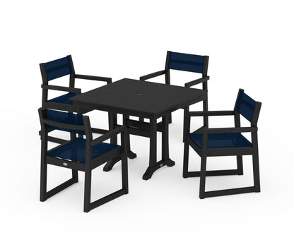POLYWOOD® EDGE Sling 5-Piece Farmhouse Dining Set with Trestle Legs in Black / Navy Blue Sling
