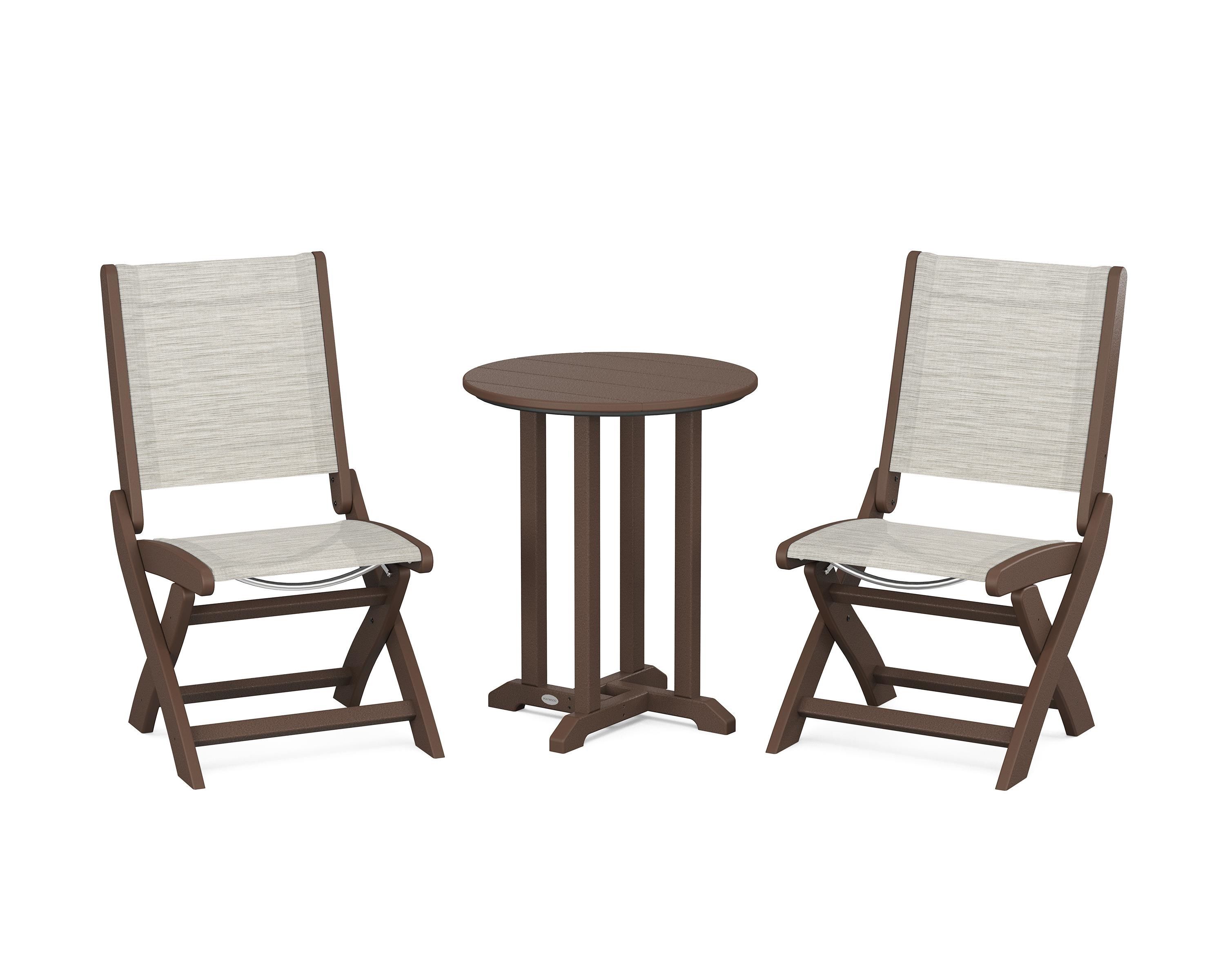 POLYWOOD® Coastal Folding Side Chair 3-Piece Round Bistro Dining Set in Mahogany / Birch Sling