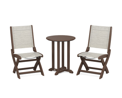 POLYWOOD® Coastal Folding Side Chair 3-Piece Round Bistro Dining Set in Mahogany / Birch Sling