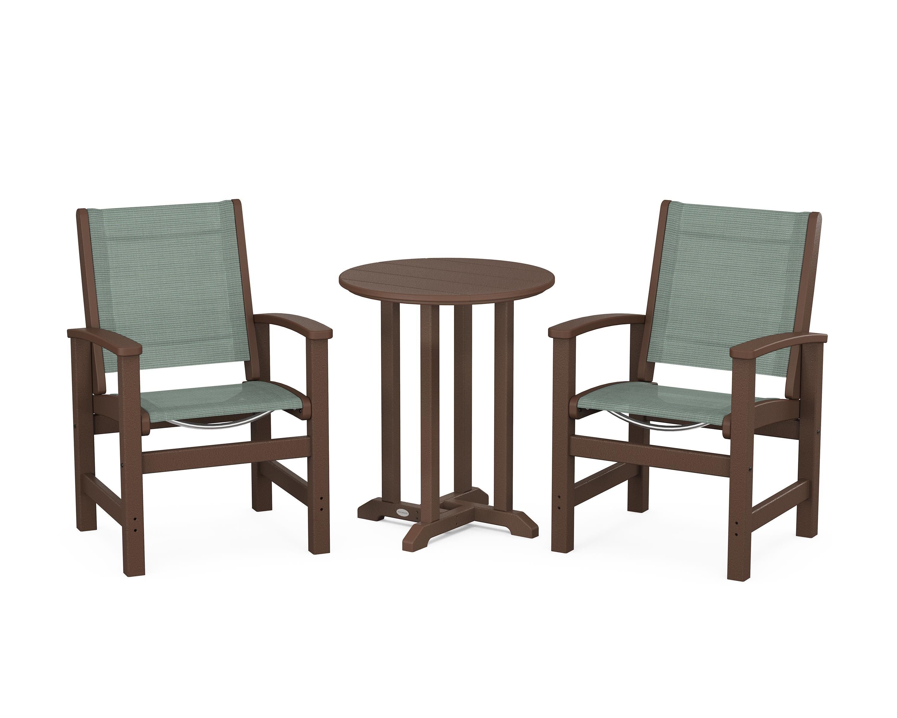 POLYWOOD® Coastal 3-Piece Round Bistro Dining Set in Mahogany / Dupioni Sea Mist Sling