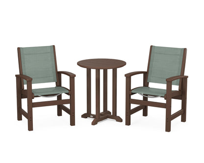 POLYWOOD® Coastal 3-Piece Round Bistro Dining Set in Mahogany / Dupioni Sea Mist Sling