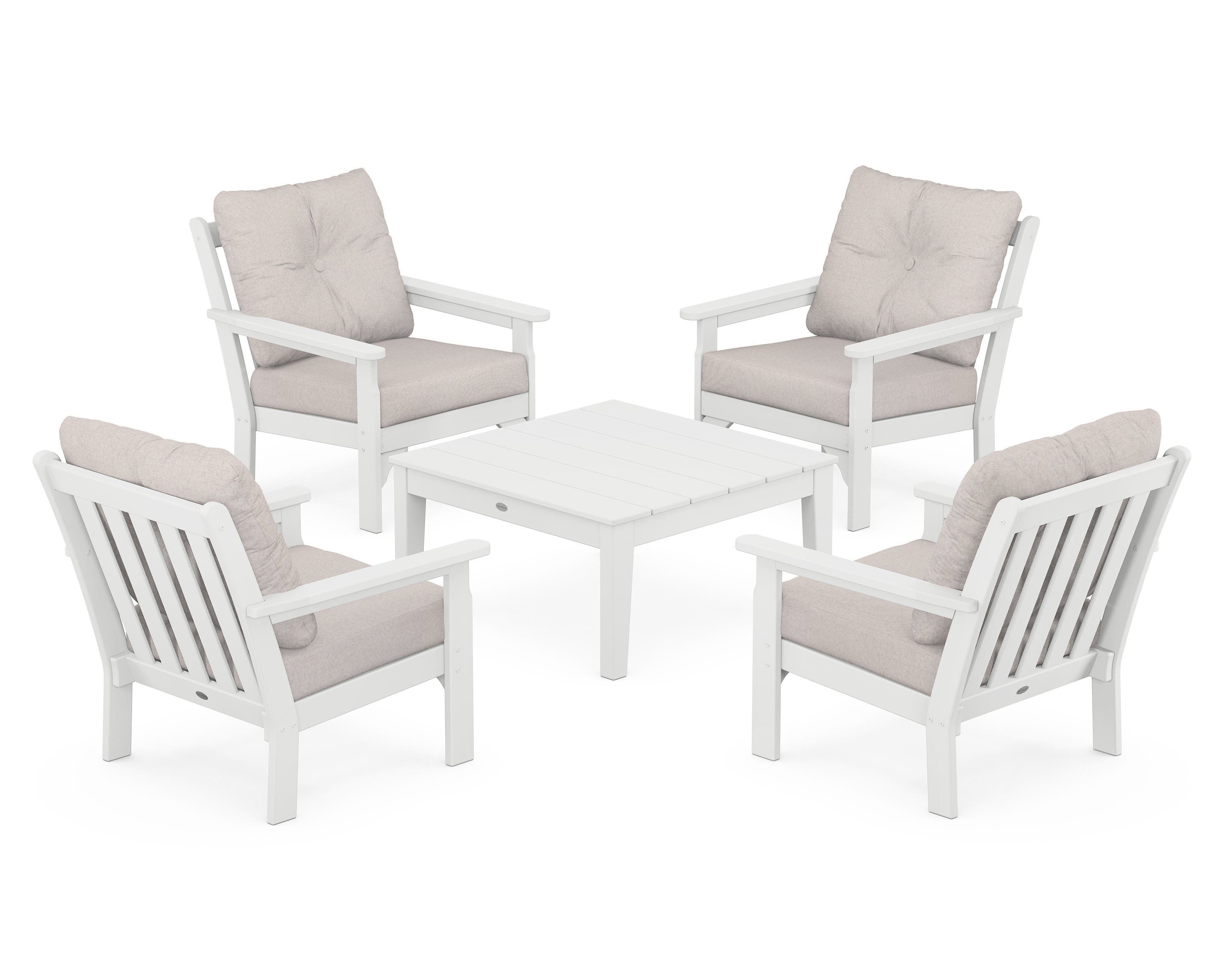 POLYWOOD® Vineyard 5-Piece Deep Seating Conversation Set in White / Dune Burlap