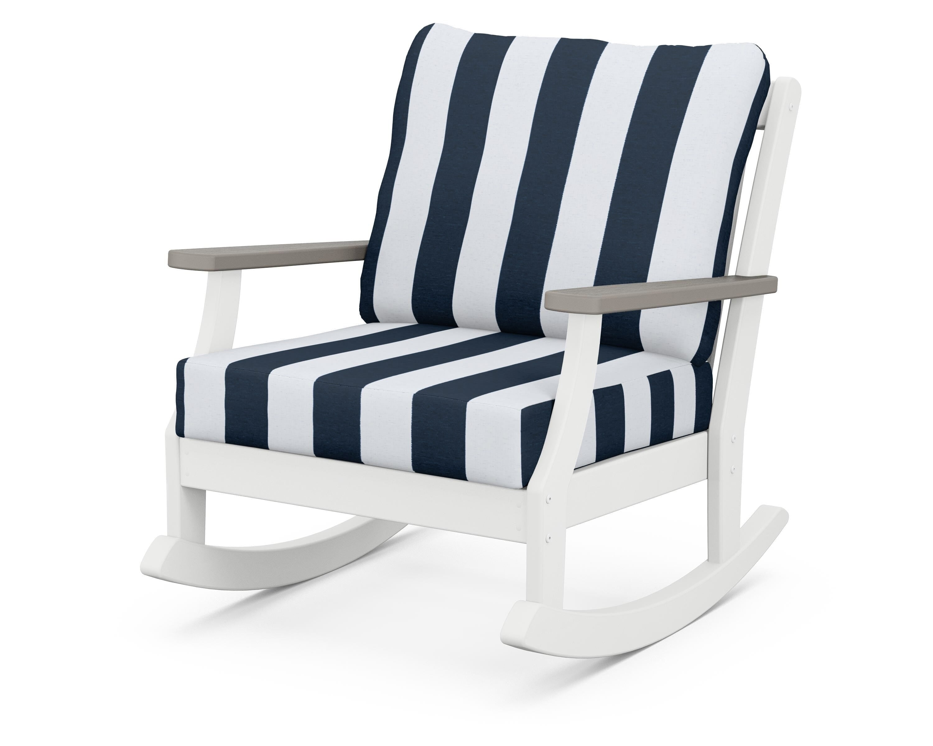POLYWOOD® Braxton Deep Seating Rocking Chair in White / Driftwood / Cabana Stripe Marine Indigo