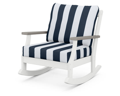 POLYWOOD® Braxton Deep Seating Rocking Chair in White / Driftwood / Cabana Stripe Marine Indigo