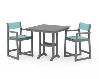 POLYWOOD® EDGE Sling Arm Chair 3-Piece Farmhouse Counter Set with Trestle Legs in Slate Grey / Dupioni Aquamarine Sling