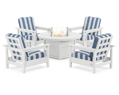 POLYWOOD® Club 5-Piece Conversation Set with Fire Pit Table in White / Cabana Stripe Sky Blue