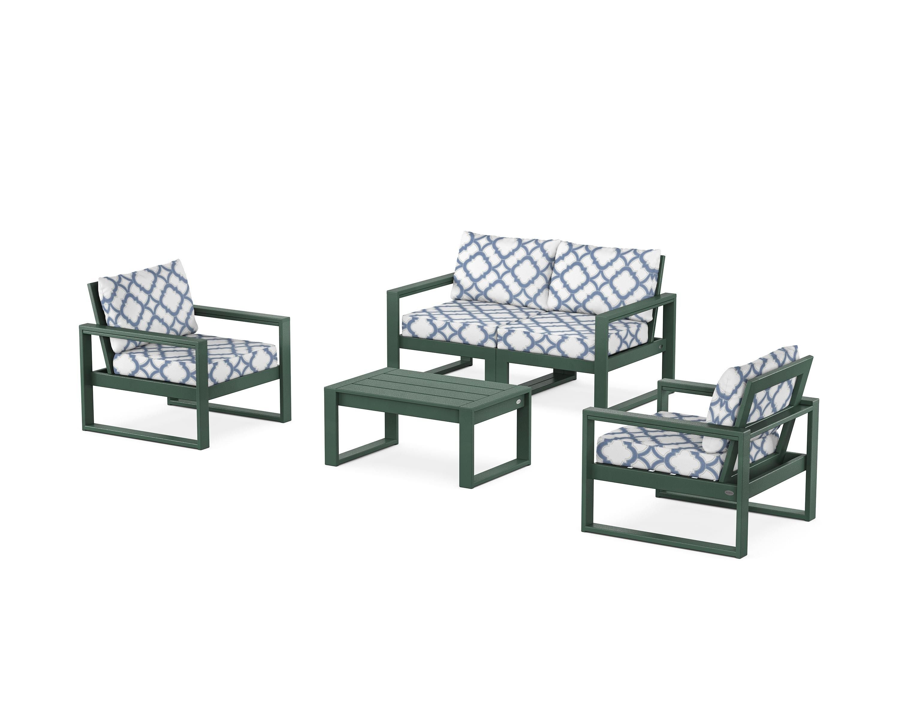 POLYWOOD® EDGE Sectional 4-Piece Deep Seating Set with Loveseat in Green / Trellis Sky Blue