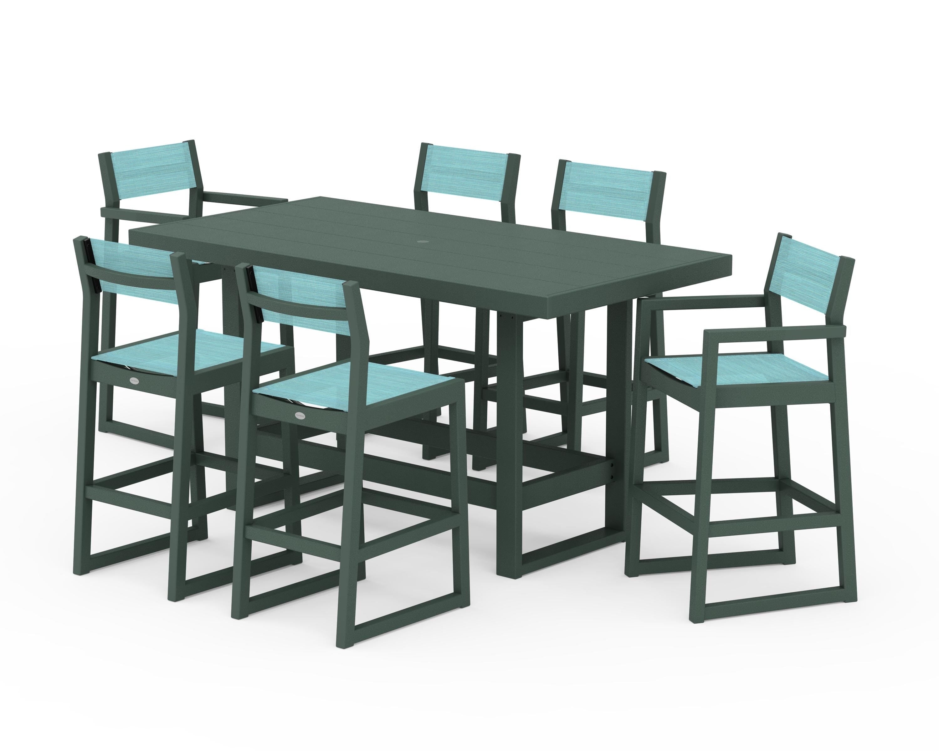 POLYWOOD® EDGE Sling 7-Piece Bar Table Set in Green / Dupioni Aquamarine Sling