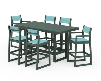 POLYWOOD® EDGE Sling 7-Piece Bar Table Set in Green / Dupioni Aquamarine Sling