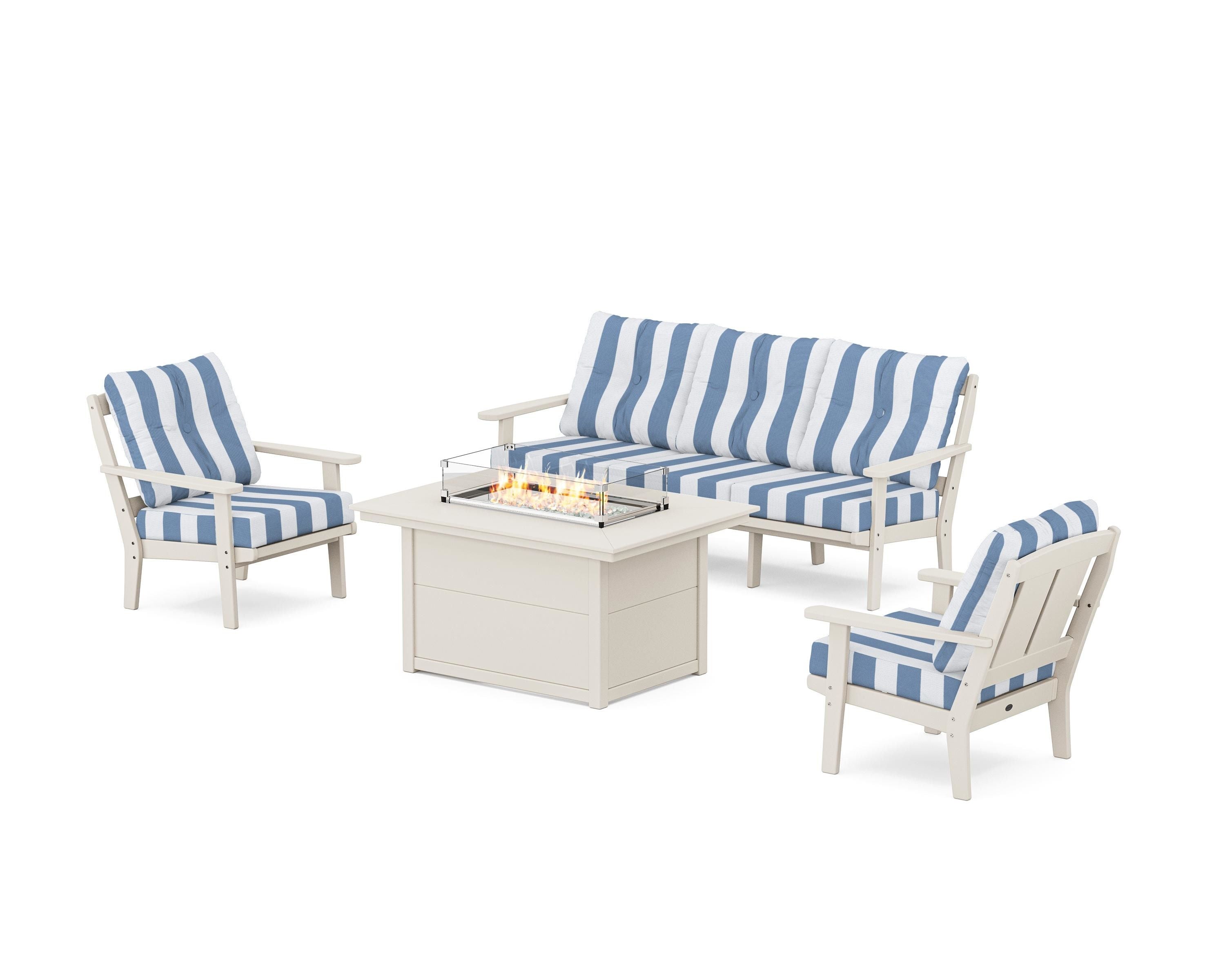 POLYWOOD® Mission Deep Seating Fire Pit Table Set in Sand / Cabana Stripe Sky Blue