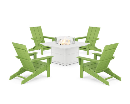 POLYWOOD® 5-Piece Modern Studio Folding Adirondack Conversation Set with Fire Pit Table in Lime / White
