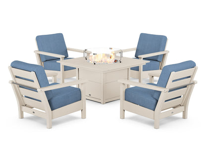 POLYWOOD® Harbour 5-Piece Conversation Set with Fire Pit Table in Sand / Sky Blue