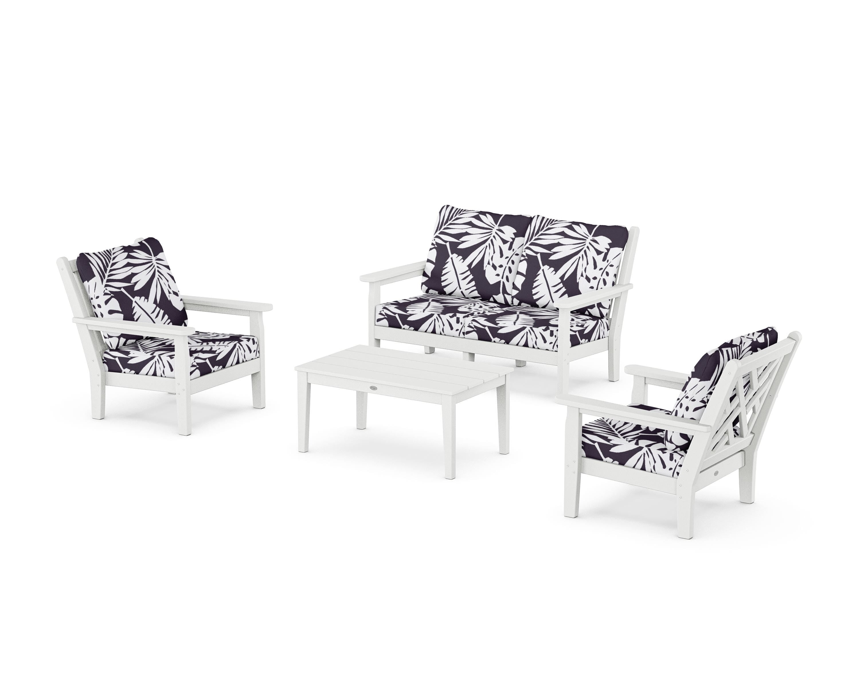 POLYWOOD® Chippendale 4-Piece Deep Seating Set with Loveseat in White / Leaf Navy