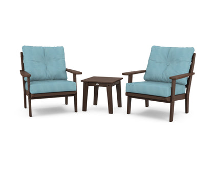 POLYWOOD® Lakeside 3-Piece Deep Seating Chair Set in Mahogany / Lattice Sky Blue