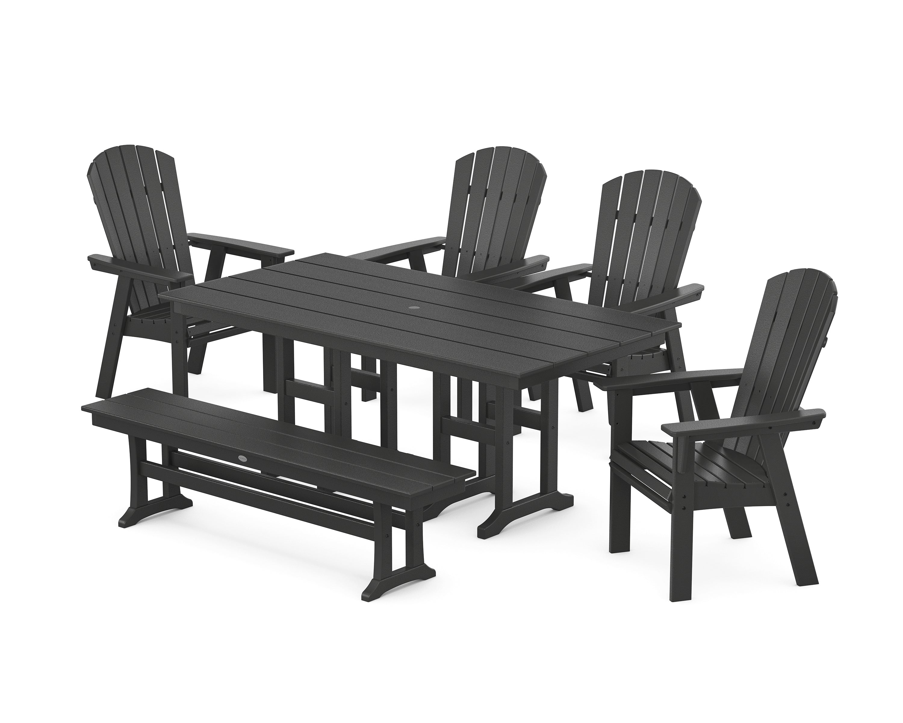 POLYWOOD® Nautical Curveback Adirondack 6-Piece Farmhouse Dining Set with Bench in Black