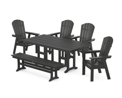 POLYWOOD® Nautical Curveback Adirondack 6-Piece Farmhouse Dining Set with Bench in Black