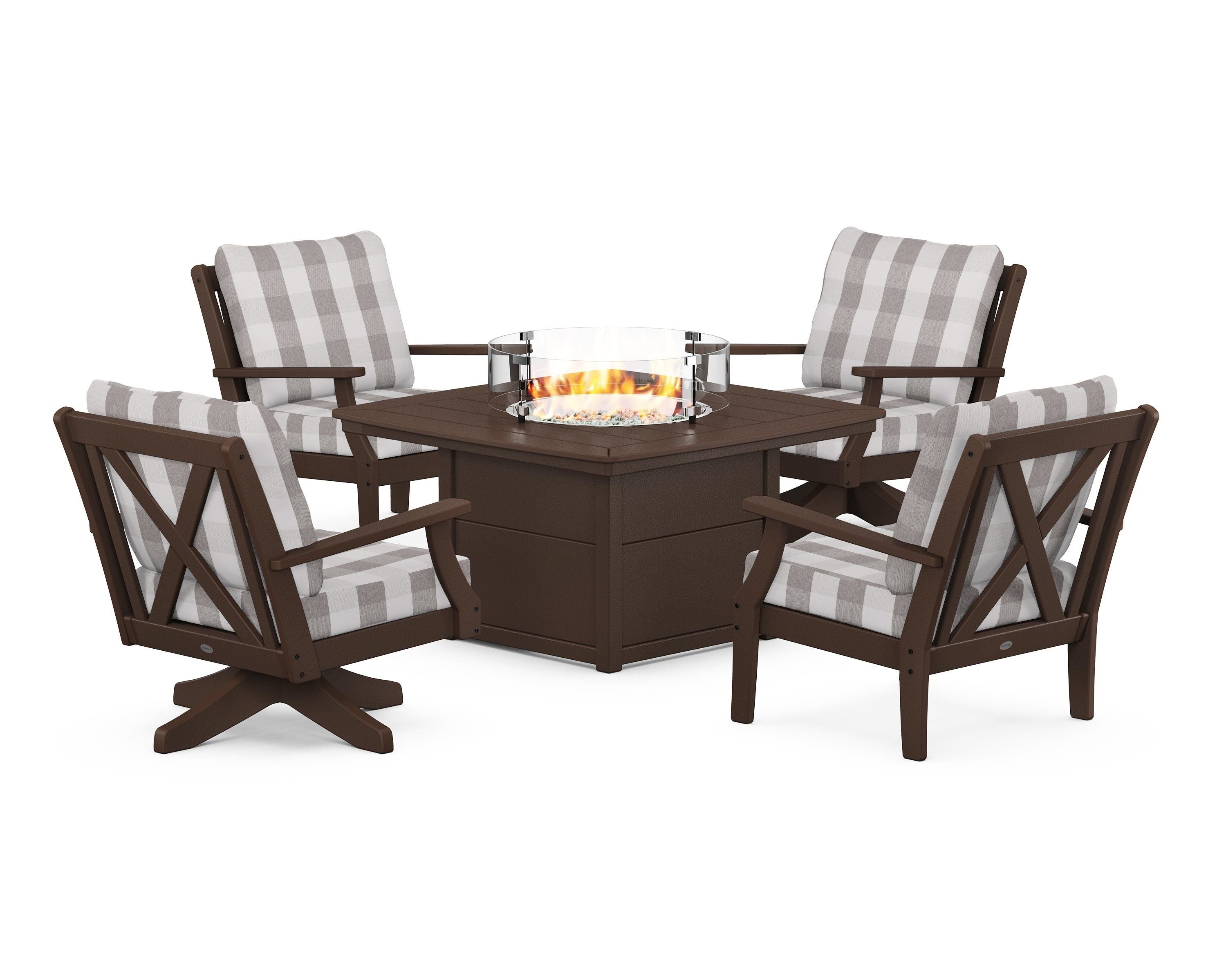 POLYWOOD® Braxton 5-Piece Deep Seating Set with Fire Table in Mahogany / Buffalo Plaid Grey Mist