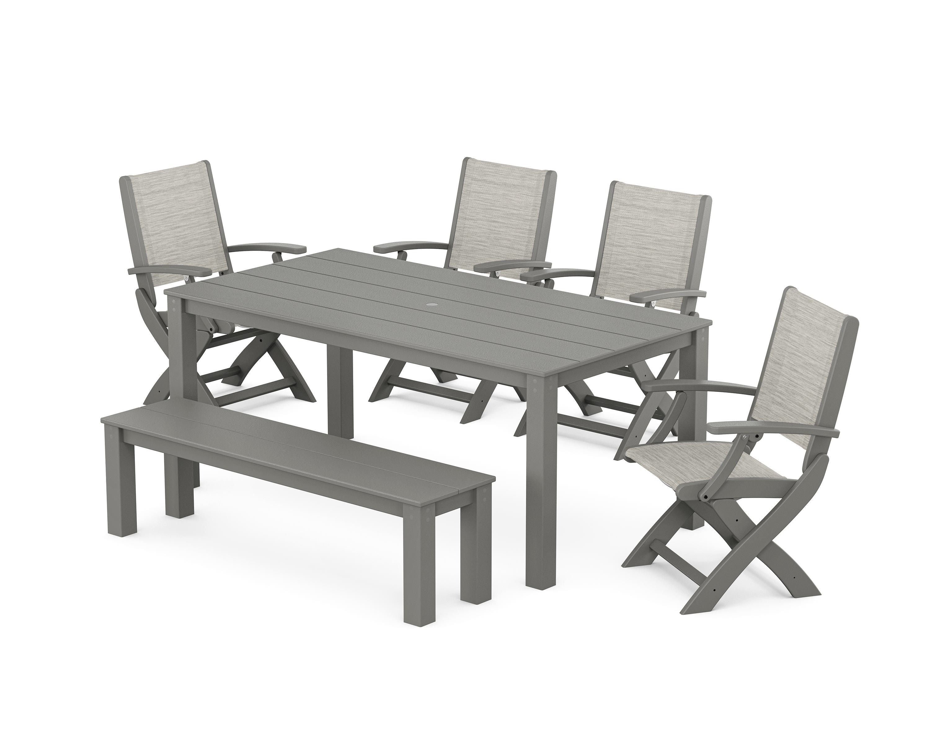 POLYWOOD® Coastal Folding Chair 6-Piece Parsons Dining Set with Bench in Slate Grey / Birch Sling