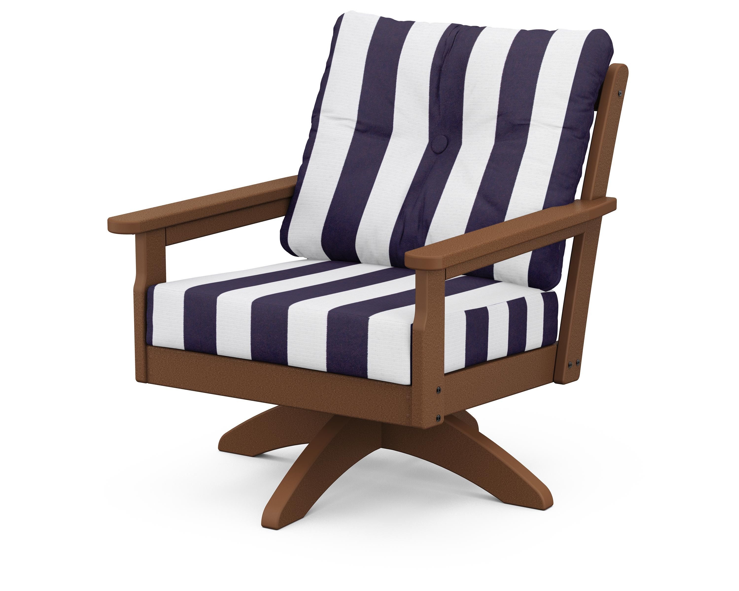 POLYWOOD® Vineyard Deep Seating Swivel Chair in Teak / Cabana Stripe Navy