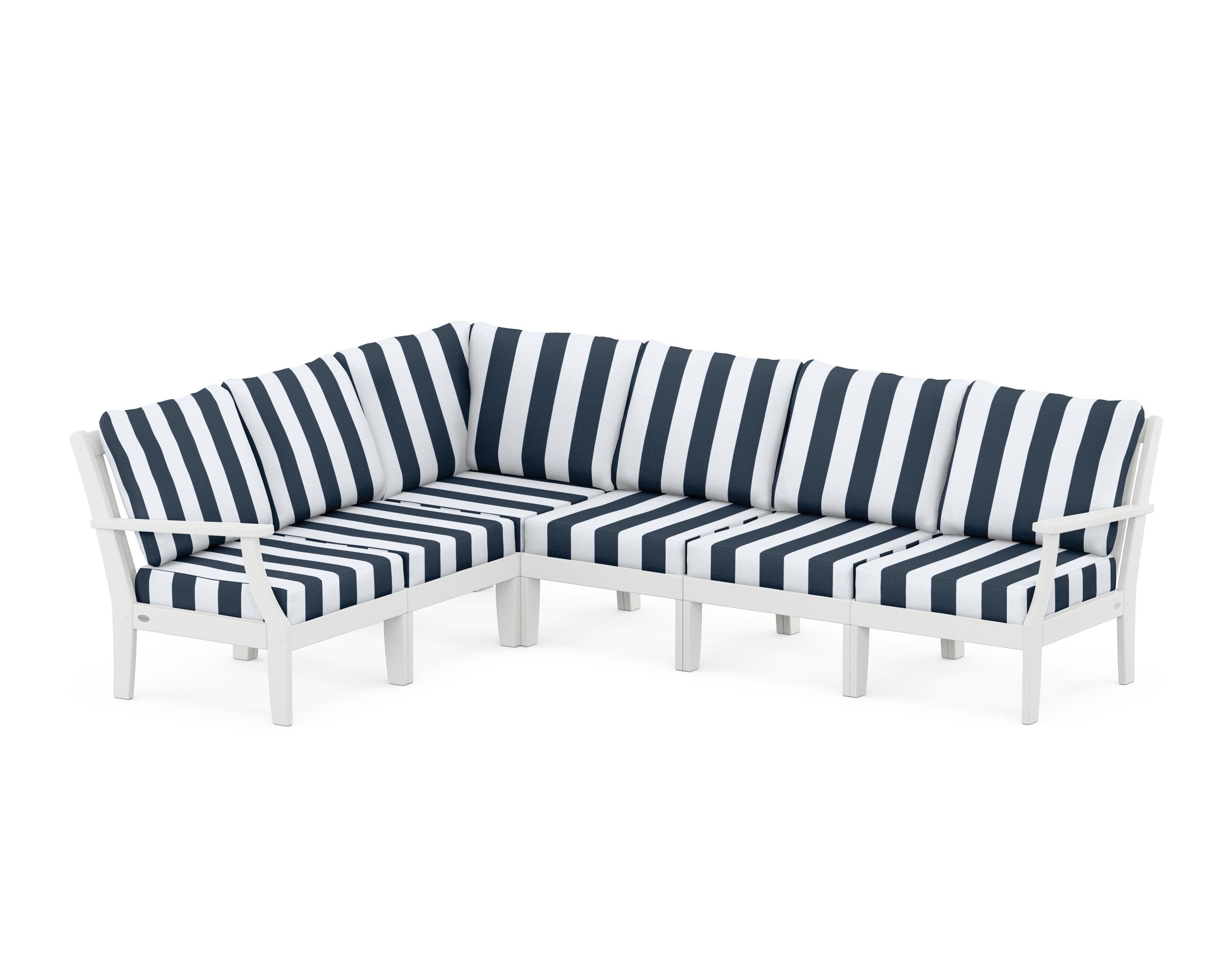 POLYWOOD® Braxton Modular 6-Piece Deep Seating Set in White / Cabana Stripe Marine Indigo