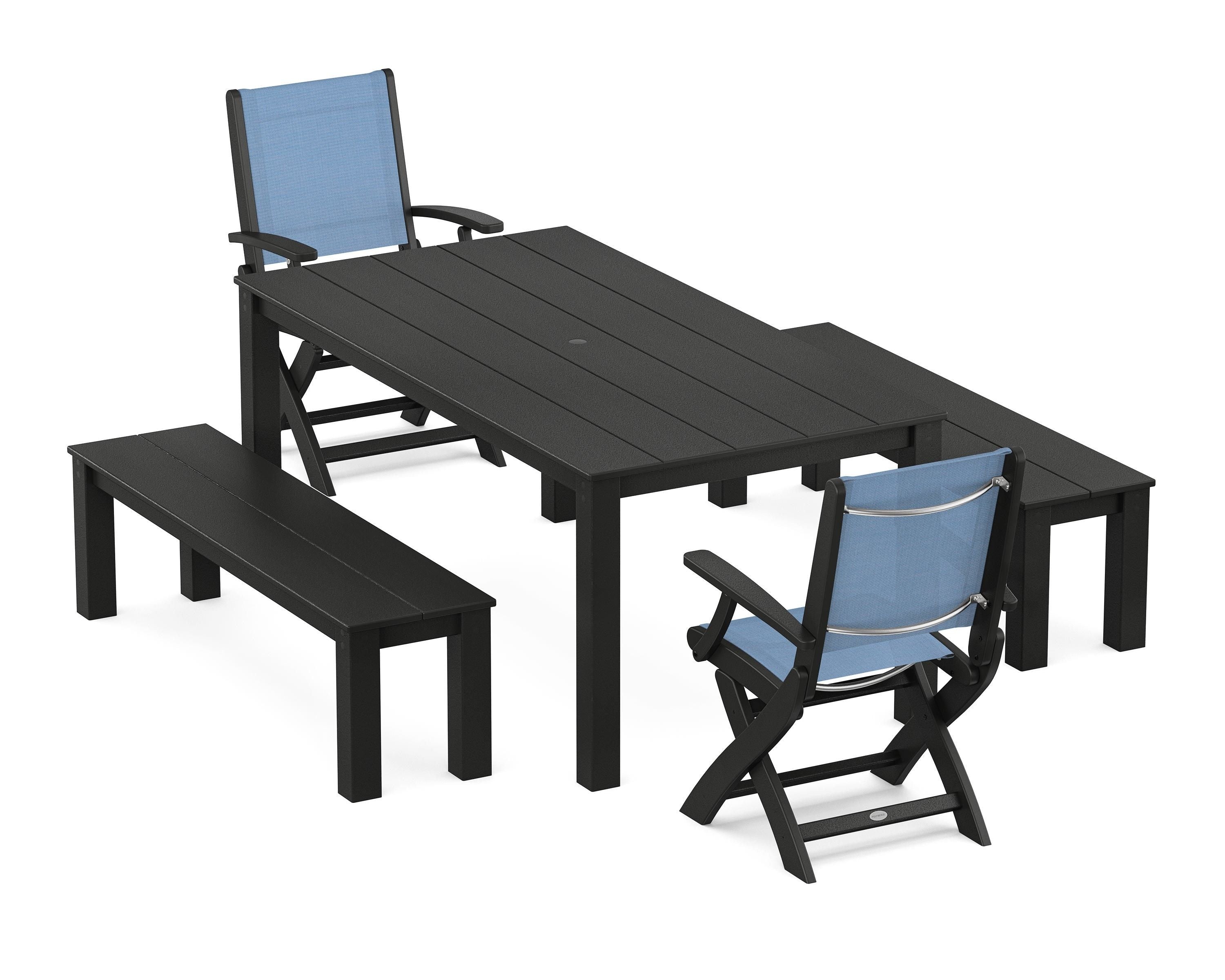 POLYWOOD® Coastal Folding Chair 5-Piece Parsons Dining Set with Benches in Black / Poolside Sling