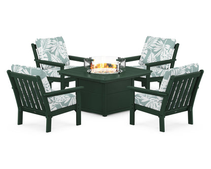 POLYWOOD® Vineyard 5-Piece Conversation Set with Fire Pit Table in Green / Leaf Glacier Spa