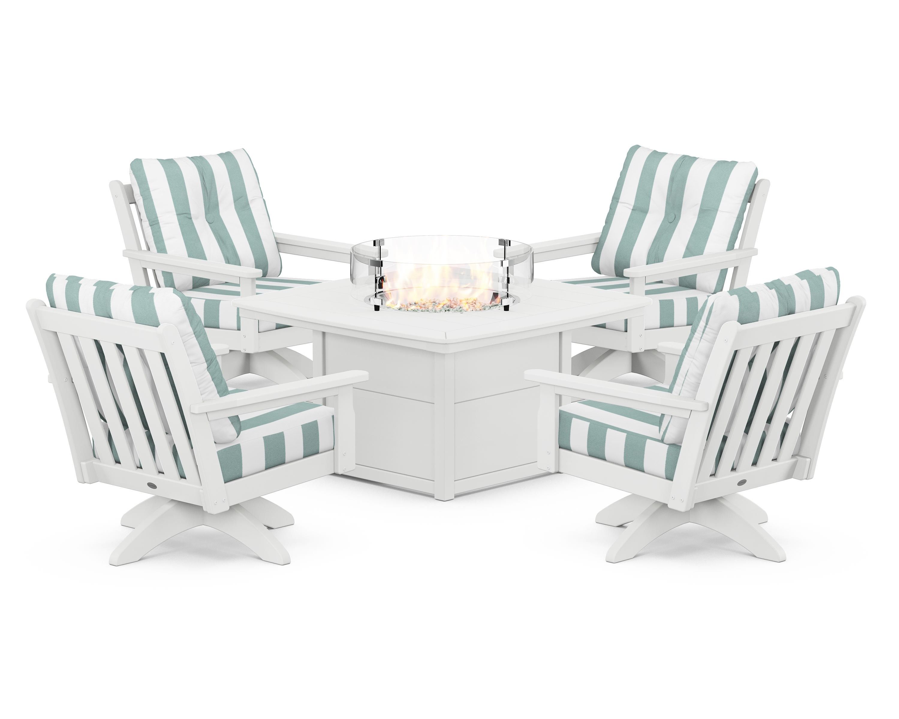 POLYWOOD® Vineyard 5-Piece Deep Seating Swivel Conversation Set with Fire Pit Table in White / Cabana Stripe Glacier Spa