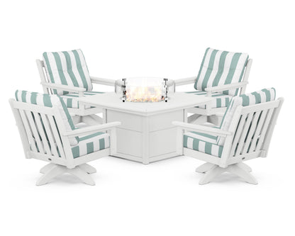 POLYWOOD® Vineyard 5-Piece Deep Seating Swivel Conversation Set with Fire Pit Table in White / Cabana Stripe Glacier Spa