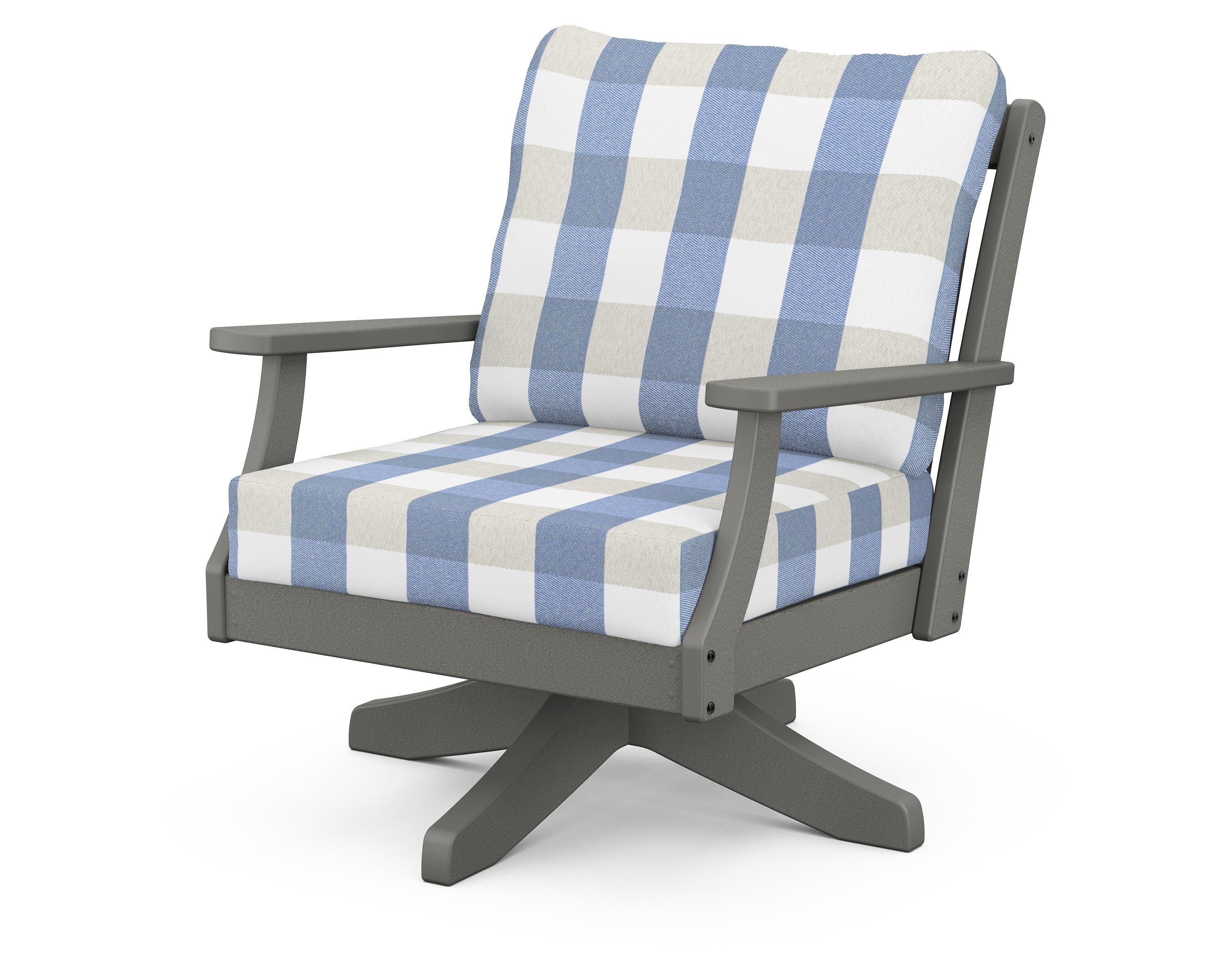 POLYWOOD® Braxton Deep Seating Swivel Chair in Slate Grey / Buffalo Plaid Sky Blue