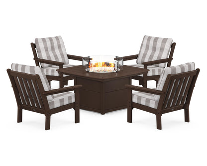 POLYWOOD® Vineyard 5-Piece Conversation Set with Fire Pit Table in Mahogany / Buffalo Plaid Grey Mist